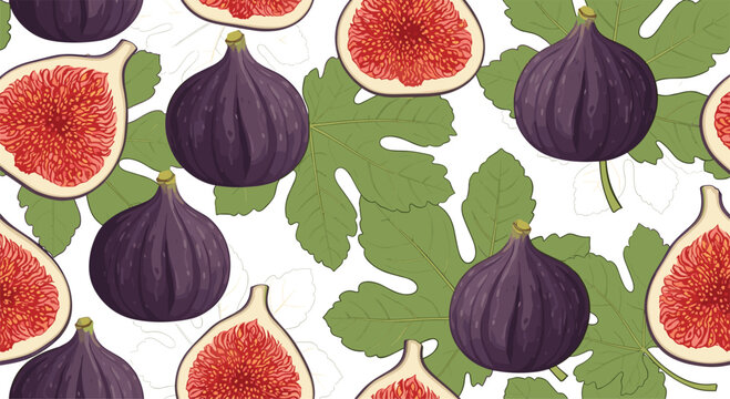 Lush seamless pattern displays whole and sliced purple figs with large green leaves on a white background for a fresh fruit aesthetic.