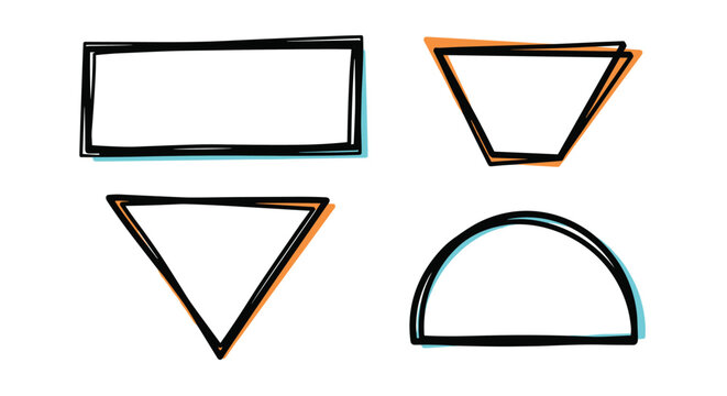 Set of four hand drawn geometric shapes including a rectangle trapezoid triangle and semicircle feature a subtle orange and blue shadow.