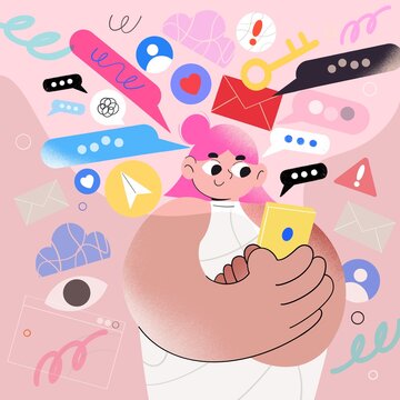 Flat illustration of Women texting message on Smartphone surrounded by chatting bubbles social media communication design concept.