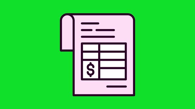nimated Illustration of a Financial Invoice with a Dollar Sign and Table 4k stock animation video on a green screen for chroma key background for video editing.