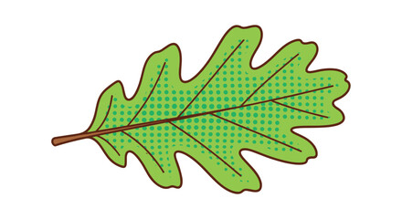 Naklejka premium Green oak leaf illustration features a unique halftone dot pattern and brown stem on a clean white background.