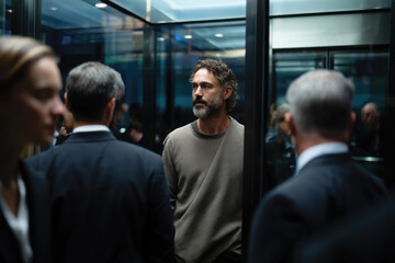 Obraz premium A muscular man stands confidently in an elevator, surrounded by well-dressed individuals, illustrating the contrast of strength and elegance in an urban setting.