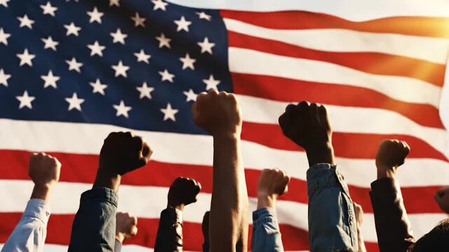 Diverse group of people raising fists in solidarity against a large national flag during a protest or rally