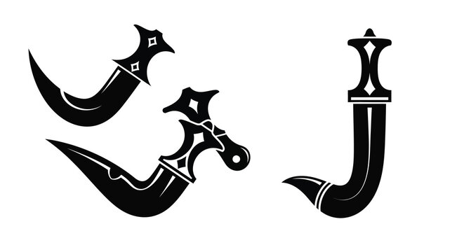 Three ornate kris daggers depicted in a striking black silhouette