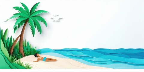 Fototapeta premium Papercraft scene depicts beach, palm trees, ocean, person relaxing. Bright colors create idyllic vacation vibe.