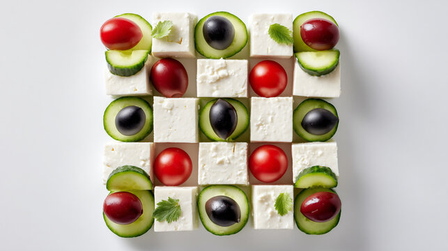 Feta cheese cubes with olives tomatoes and cucumbers