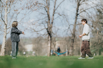 Naklejka premium Two friends stand facing each other on a grassy park lawn. A casual outdoor scene shows them talking among bare trees in early spring.