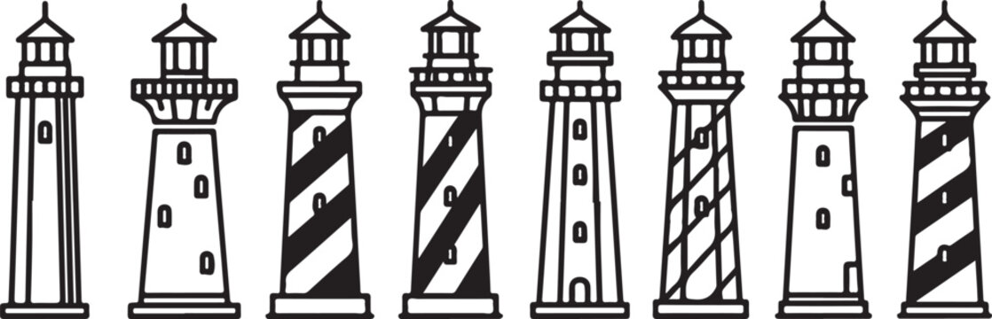 Vector illustration of eight lighthouse icons with varying designs Vector
