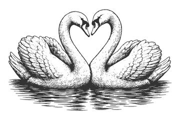 Graceful Swan Couple Forming Heart Shape in Vintage Woodcut Engraving Style Vector Illustration Detailed Feather Hand Drawn Water Bird Art © Chairul