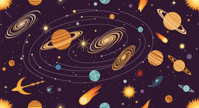 Detailed pixel art space pattern displays the solar system with planets orbiting a central star along with comets and distant galaxies.