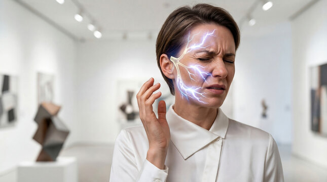 Woman suffering from facial nerve pain with lightning graphic. Trigeminal neuralgia concept. Intense headache and discomfort. Medical condition representation in clinic environment.