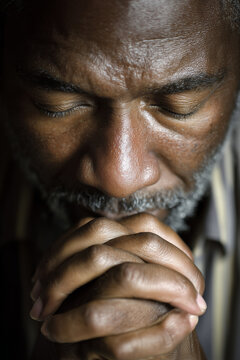 Adult praying man in close-up with head bowed and eyes shut showing devotion and silent Christian meditation