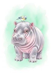 Fototapeta premium Adorable young hippopotamus stands patiently while a small songbird rests on its head