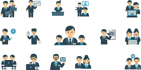 Fototapeta premium Business people flat character set featuring teamwork communication leadership presentation collaboration and corporate professional activities illustrations
