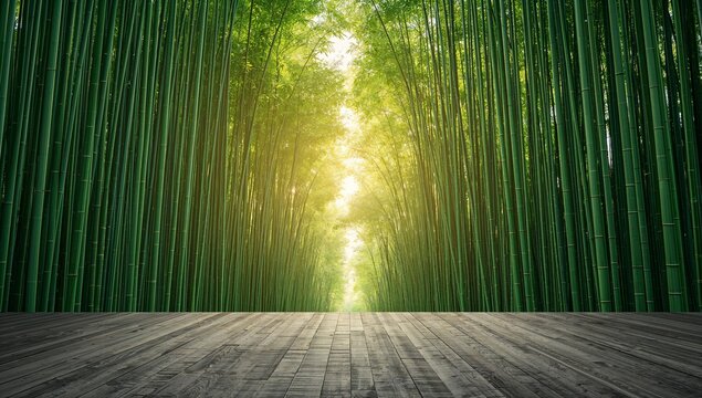 Serene Bamboo Forest with Sunlight and Wooden Floor Perspective