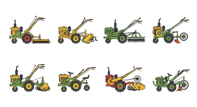 Walking Tractors Agricultural Motoblocks with Implements Vector Set, Flat-design vector illustrations of walking tractors, power harrows, and rotary plows, Two-Wheel Walk-Behind Tractors 