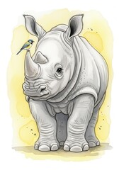 Fototapeta premium Adorable young rhinoceros stands patiently beneath a small perched songbird