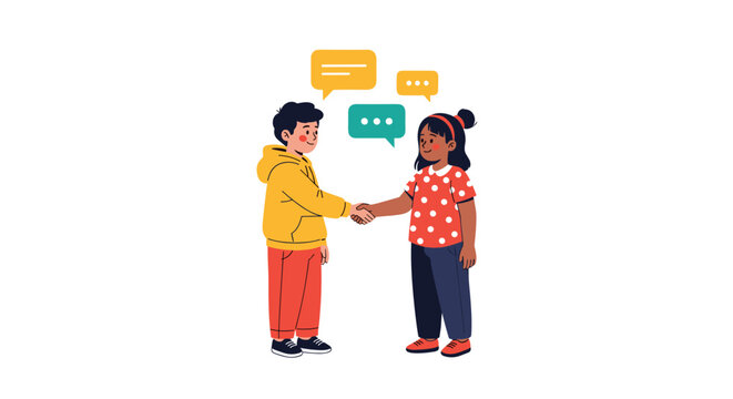 Young boy and girl shaking hands in a friendly gesture with colorful speech bubbles representing communication on a white background.