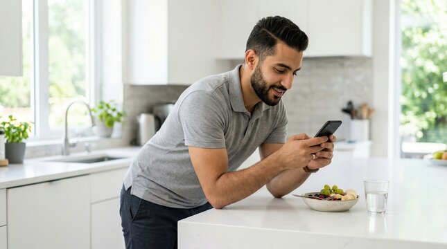 Man in gray polo shirt leans on white kitchen island using smartphone while bowl of fruit and glass of water sit nearby, natural light fills modern kitchen