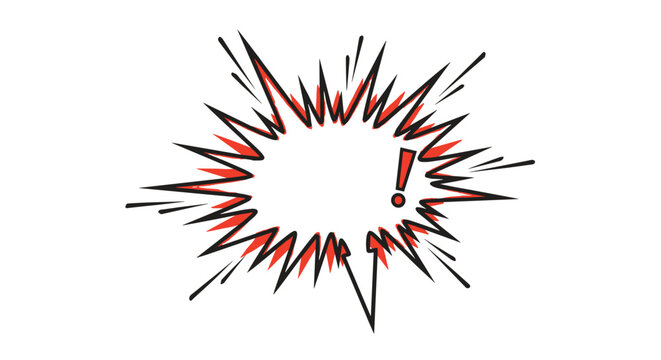 Dynamic comic book style explosion bubble with jagged red and black edges and an exclamation mark isolated on a clean white background.