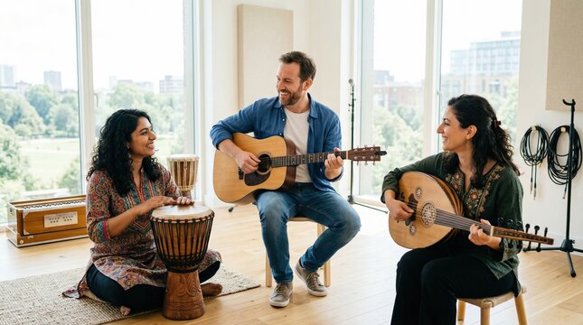 Three musicians seated in bright room play acoustic guitar, oud, and djembe together, smiling and creating warm multicultural jam session with natural light and casual clothing