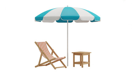 Fototapeta premium Relaxing beach setup with a lounge chair, side table, and striped beach umbrella isolated on white background
