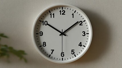 Fototapeta premium Minimalist Wall Clock Displaying Time, Round White Clock on Neutral Background with Plant