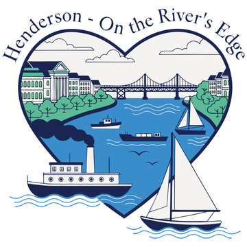 Heart-Shaped River Town Illustration of Henderson - On the River's Edge Featuring Steamboat, Sailboat, and Suspension Bridge