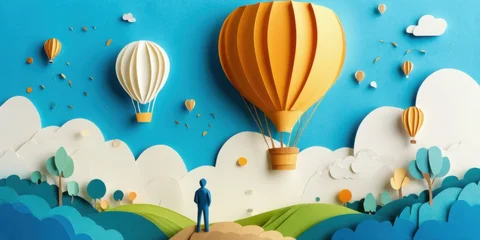Wandcirkels Luchtballon Papercraft scene depicts hills, trees, sky, balloons. Person observes colorful hot air balloons floating peacefully. Dreamlike, whimsical.  © antishock