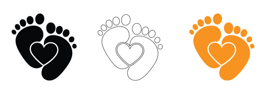 Baby footprints inside heart shape icons illustration, colorful vector love symbols for maternity, newborn, pregnancy, family care branding
