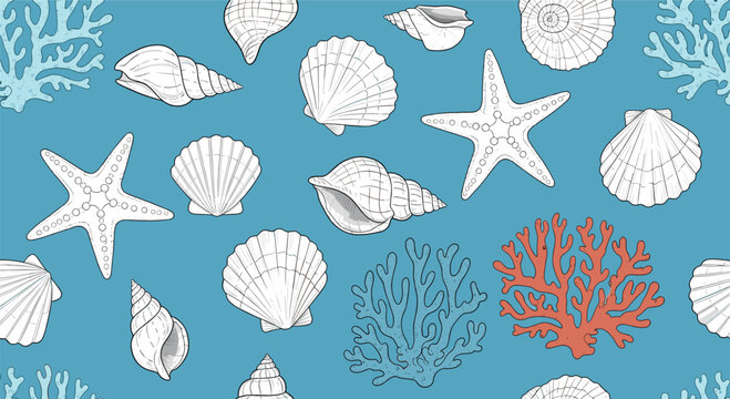 Oceanic seamless pattern with various seashells, orange coral, and white starfish on a light blue background evokes a tropical seaside theme.