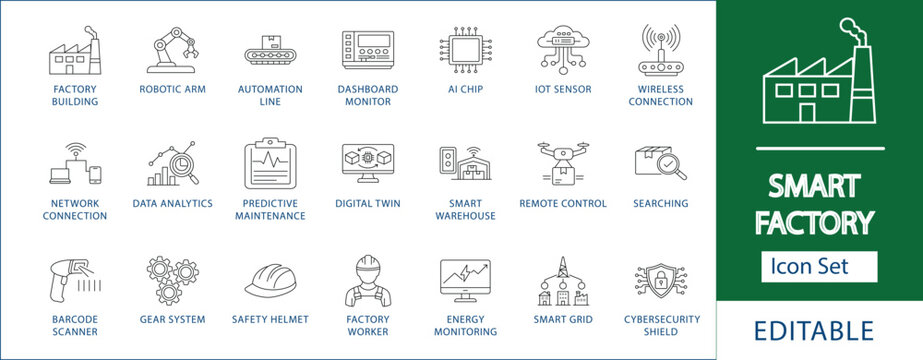 Smart Factory and Industry 4.0 Line Icon Set. Industrial Automation, Robotic Arm, IoT Sensors, AI Chip, Digital Twin, Predictive Maintenance, and Cyber Security Icons.