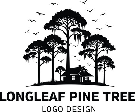 Longleaf pine tree, logo design, cabin, forest, nature, birds, rustic living, eco, woodland, outdoor, tranquility, home, environment, silhouette, evergreen