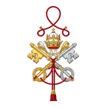 The papal coat of arms with keys and a crown isolated on white background