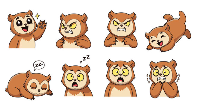Cartoon owl bear character showing various emotions and actions  