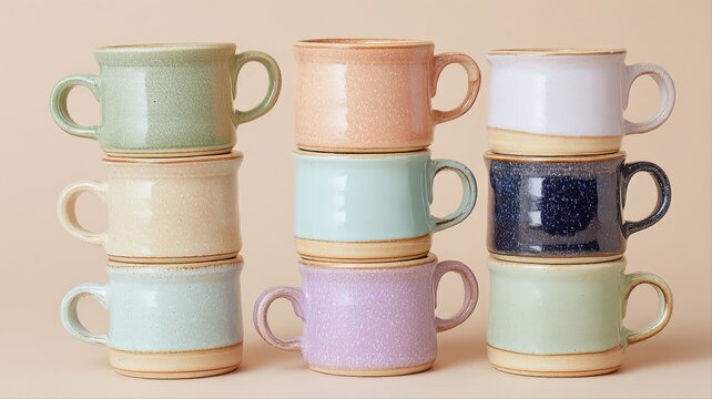 Stack of Assorted Ceramic Coffee Mugs in Pastel Colors, Kitchenware Still Life Photography