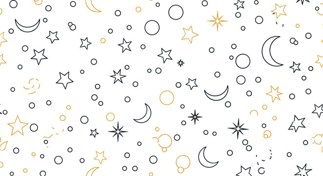 Elegant seamless pattern features minimalist stars and crescent moons in black and gold on a white background for a celestial dream theme.