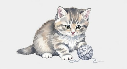 Fototapeta premium Small striped feline creature curiously touches a ball of yarn with its paw