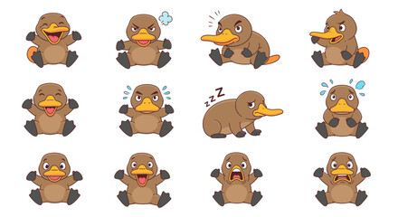 Fototapeta premium Cartoon platypus character expressing various emotions in colorful style 