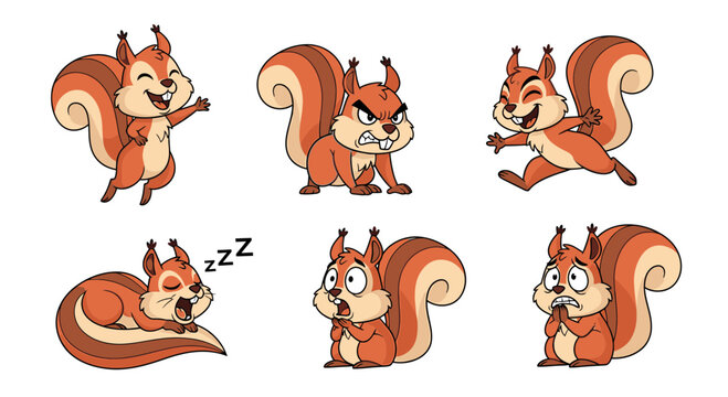 Cartoon squirrel showing different emotions in playful poses  