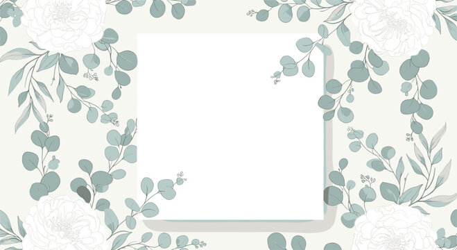 Elegant wedding invitation template or background featuring a white square frame surrounded by soft eucalyptus leaves and white roses.