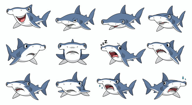 Cartoon hammerhead sharks showing various emotions and expressions  