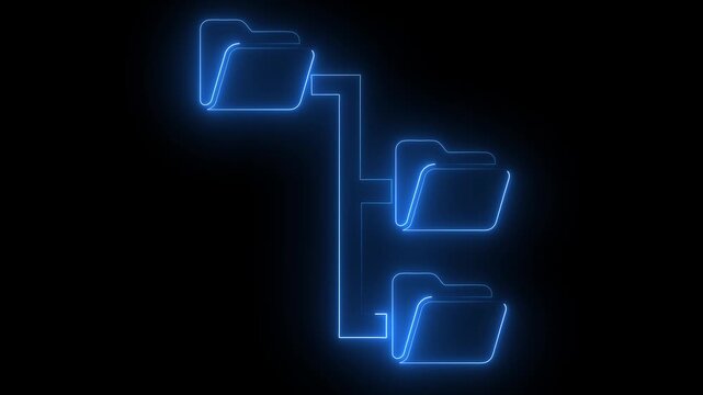 Neon blue color Folder tree line icon on black background Computer network file folder organization structure flowchart. glowing neon page file animation icon.