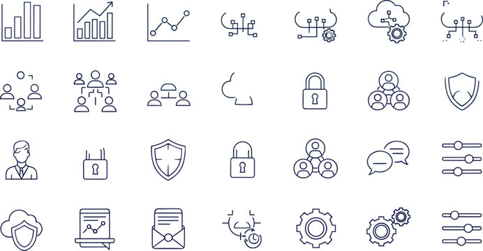 Business and technology line icon set featuring analytics cloud security teamwork communication networking and corporate workflow symbols