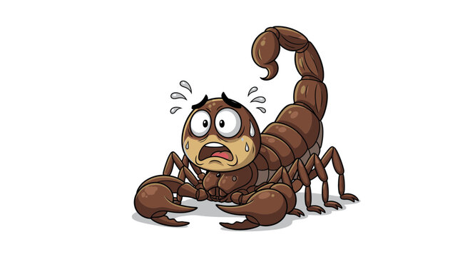 Scared cartoon scorpion with sweat drops on white background  