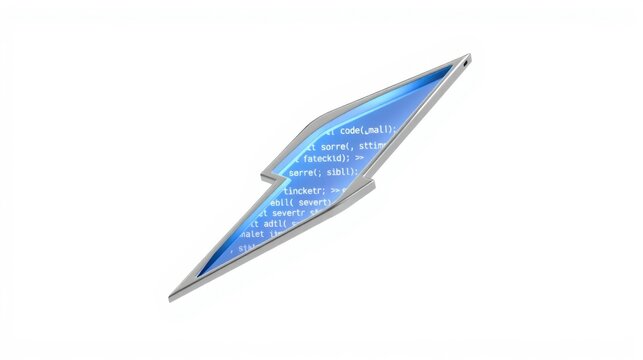 Silver object resembling blade. Blue glow displays code snippets, possibly software interface element. Minimalist design, dark background.