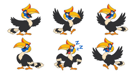 Obraz premium Cartoon hornbill character in various playful poses and expressions 