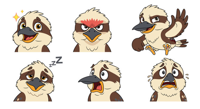 Kookaburra cartoon character with various facial expressions and poses  