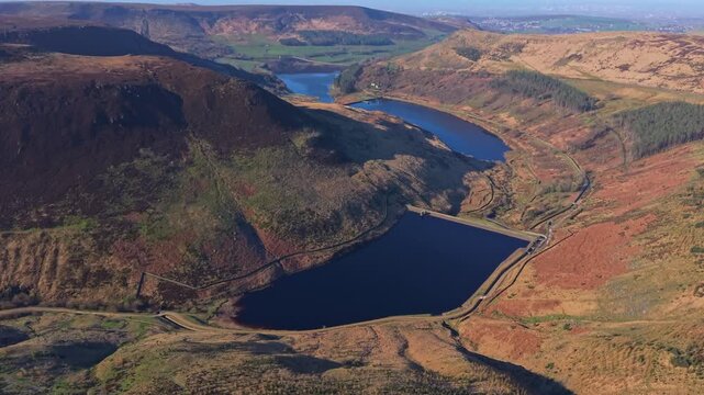 Drone POV of Greenfield Reservoir at the Peak District National Park, Greenfield Reservoir is a reservoir in the Saddleworth parish of the Metropolitan Borough of Oldham in Greater Manchester.