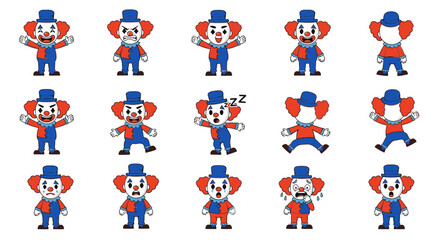 Fototapeta premium Cartoon clown character in various poses with colorful outfit 